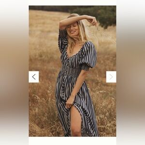 Anthropologie Long Sleeve Sweetheart Smocked Waist Stipe Midi Maxi Dress XS F
